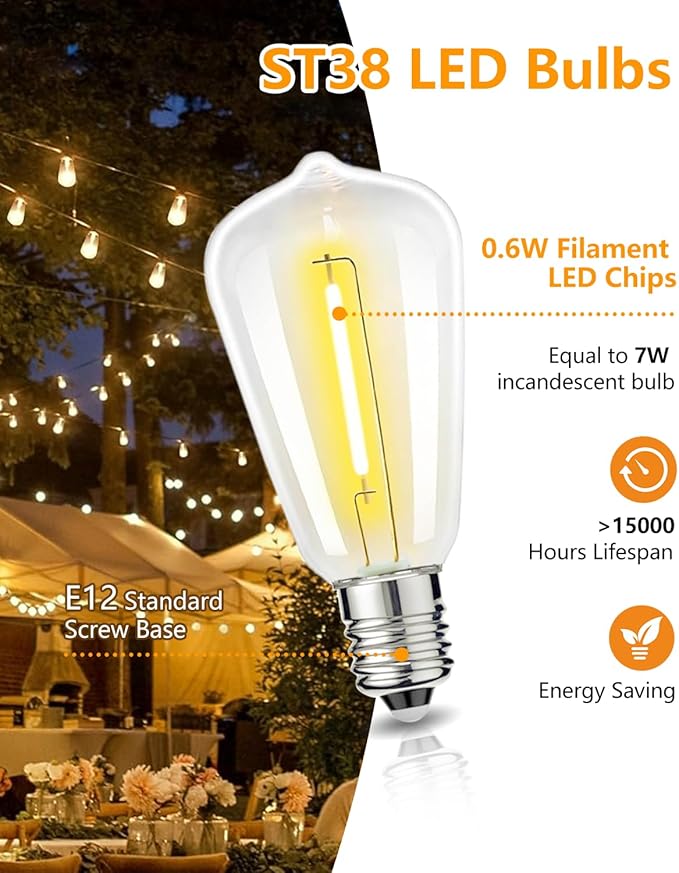KGC 100FT LED Outdoor String Lights, Weatherproof Heavy Duty Patio Lights with 52 ST38 Shatterproof Edison Bulbs, Dimmable Vintage Bistro Lighting for Garden, Backyard, Pergola, Christmas Party