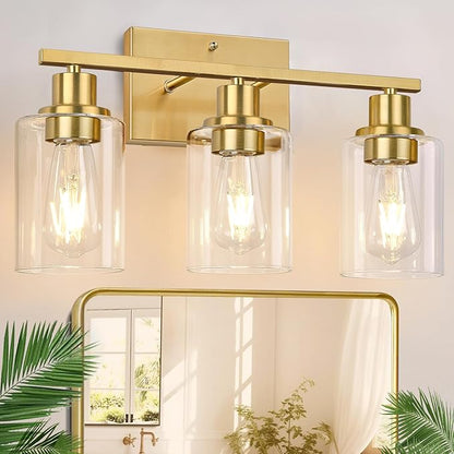 Indoi 3-Light Vanity Lights with Clear Glass Shades, Brushed Gold Bathroom Light Fixtures Over Mirror, Modern Bathroom Wall Lamp for Mirror Living Room Cabinet Bedroom Porch