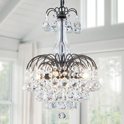 WUZUPS Crystal Chandelier Pendant Flushmount Ceiling Light Modern Lighting Fixture for Bedroom Hallway Bar Kitchen Bathroom, H 14.4" x W 11.8", Black, E12 Base