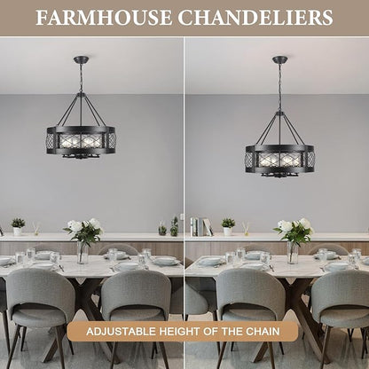 Black Chandelier 6-Light Adjustable Farmhouse Chandelier Dining Room Light Fixture Kitchen Island Lighting Drum Rustic Hanging Lights for Entryway Foyer Bedroom Living Room
