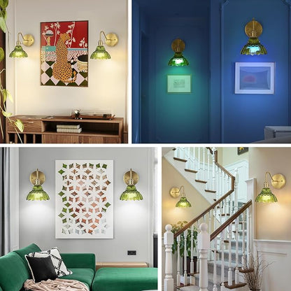 Vintage Battery Operated Wall Sconces Set Of Two, Indoor not Hardwired Brass Green Glass Lampshade Fixtures,Rechargeable Wireless RGB Wall Lights with Dimmable Remote Control,for Bedroom Living Room