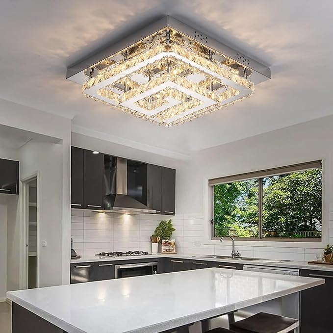 25" Crystal Chandelier with Remote/App Control, 3 Color Temperature Light Fixture & Brightness Adjustable, Modern Flush Mount LED Ceiling Light Fixture for Living Room Kitchen Hallway Dining Room
