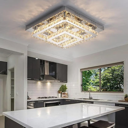 25" Crystal Chandelier with Remote/App Control, 3 Color Temperature Light Fixture & Brightness Adjustable, Modern Flush Mount LED Ceiling Light Fixture for Living Room Kitchen Hallway Dining Room