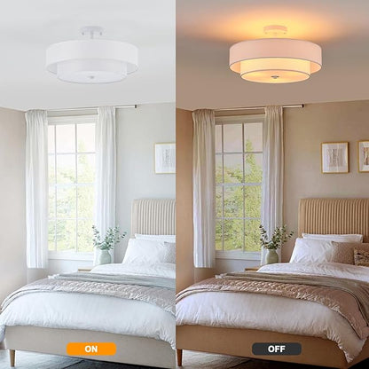 Modern Semi Flush Mount Ceiling Light, 18" Modern White 3-Lights Drum Ceiling Lighting Fixture, Vintage Linen White Ceiling Lamp for Laundry Room, Kitchen, Basement, Dining Room, Bedroom