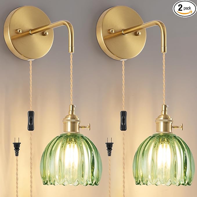 Plug-in Wall Sconce (Set of 2), Vintage Wall Decorative Lamp with Green Glass Shade, Indoor Plug-in Wall Sconce for Bedroom, Living Room, Bathroom, Hallway