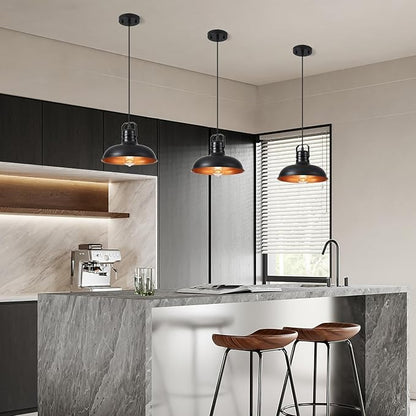 Industrial Pendant Light, 10.5 Inch Farmhouse Small Black and Gold Chandelier, Vintage Hanging Light Fixture with 71'' Height Adjustable Cord for Kitchen Island, Dining Room, Bedroom - 1 Pack