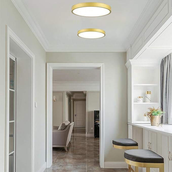 Gold Metal Flush Mount LED Ceiling Light 9 Inch 2 Pack, Dimmable 3000-5000k 20W Modern Thin Round Ceiling Light Fixture, Low Profile Ceiling Lamp for Bedroom Bathroom Entryway