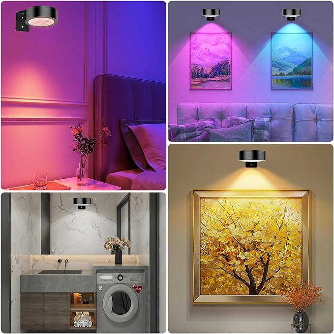 RGB Picture Light Battery Operated Painting Lights for Wall Wireless Magnetic Display Art Light with Remote Controls,Dimmable&Timer for Art Frame Artworking,6Pack Black