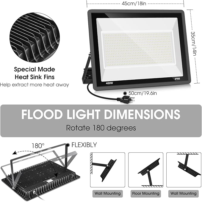 YANYCN 400W LED Stadium Flood Light Outdoor,2400W Equivalent 50500LM 5000K Daylight White Super Bright FloodLight with Plug,85-277V IP66 Waterproof Commercial Lighting for Sports Fields,Counts,Arena