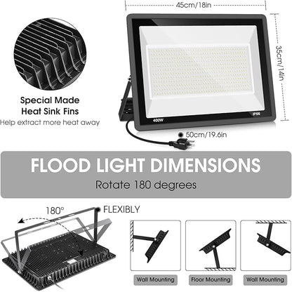 YANYCN 400W LED Stadium Flood Light Outdoor,2400W Equivalent 50500LM 5000K Daylight White Super Bright FloodLight with Plug,85-277V IP66 Waterproof Commercial Lighting for Sports Fields,Counts,Arena