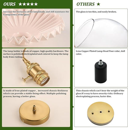 Shenmoyl Pendant Light 2 Pack with Pink Pleated Ceramic Lmapshade, Brass Vintage Pendant Light Adjustable Hanging Light for Kitchen Island Dining Room Hallway