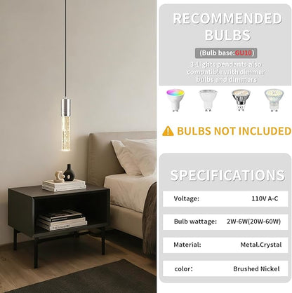 Brushed Nickel Pendant Lights Kitchen Island, Crystal Bubble Pendant Lights, Adjustable Modern Pendant Light Fixtures for Dining Living Room Bedroom 3 Pack