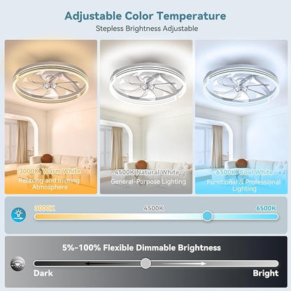 AIKVSXER Ceiling Fans with Lights,20 Inch Low Profile Fandelier with APP Control, Ultra Quiet,3CCT and 6 Wind Speeds for Bedroom, Living Room Modern Flush Mount Fan Light (White, 20inch-Stripe Fold)