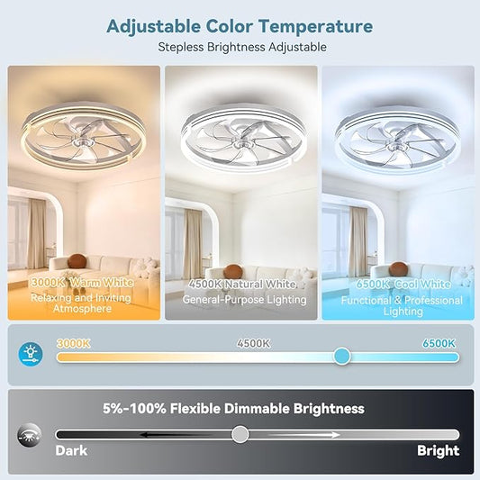 AIKVSXER Ceiling Fans with Lights,20 Inch Low Profile Fandelier with APP Control, Ultra Quiet,3CCT and 6 Wind Speeds for Bedroom, Living Room Modern Flush Mount Fan Light (White, 20inch-Stripe Fold)