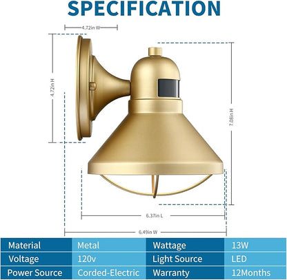 LONEDRUID Motion Sensor LED Outdoor Barn Light Fixtures Dusk to Dawn Exterior Porch Lantern Gold Outside Wall Sconce Lighting Rustic Farmhouse Wall Mount Lamp for House Garage Patio Entryway