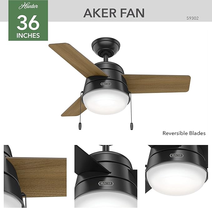 Hunter 36 inch Small Indoor Ceiling Fan with LED Light and Pull Chain - Modern Ceiling Fan, Standard Mount, 3 Blades, For Bedroom, Home Office, or Laundry Room, Quiet - Aker 59302, Matte Black