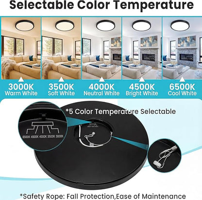 libtit 7 inch Flush Mount LED Ceiling Light Fixture, 3000K-6500K Adjustable, 15W 1500lm Black Satin Round Ceiling Lamp for Bathroom Hallway Kitchen Bedroom, 6 Pack