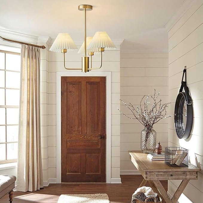KCO Lighting 3-Lights Pleated Chandelier White Fabric Pendant Light Fixtures Mid Century Modern Gold Sputnik Chandelier Vintage Classic Chandeliers for Dining Room Bedroom