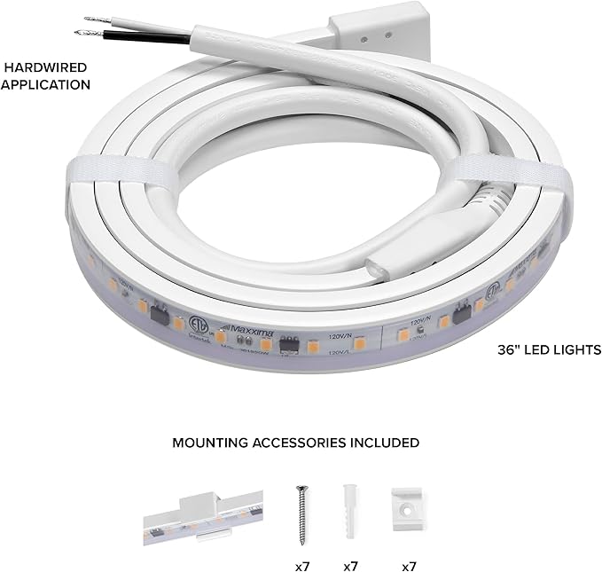 Maxxima 36 in. Hardwired LED Under Cabinet Strip Light, 1380 Lumens, 3000K Warm White, Kitchen and Living Room 120V White Cove Lighting, No Power Supply Needed