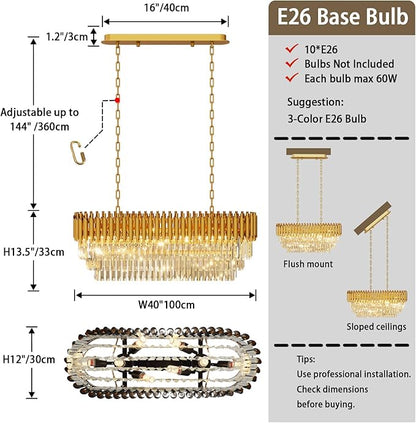 10-Light Modern Gold Crystal Chandelier, Luxury Rectangular Crystal Chandeliers for Dining Room, Kitchen Island, Living Room, Farmhouse Chandelier Lighting