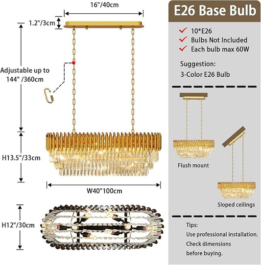 10-Light Modern Gold Crystal Chandelier, Luxury Rectangular Crystal Chandeliers for Dining Room, Kitchen Island, Living Room, Farmhouse Chandelier Lighting