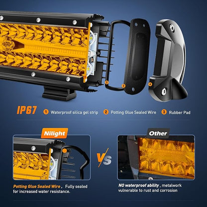 Nilight Led Light Bar 12 Inch Amber 300W Spot Flood Combo Waterproof Triple Rows Off Road Fog Light with 5Pin Rocker Switch Wiring Harness Kit-1 Lead