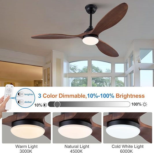 52 inch Ceiling Fans with Lights and Remote Control, Dimmable LED Light, Indoor Outdoor Mordern Black Ceiling Fan with 3 Wood Blade for Patio Living Room, Bedroom, Office, Summer House