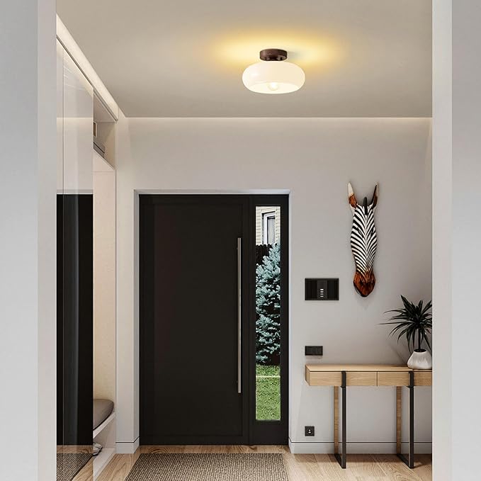 WOKNOS Mid-Century Modern Semi Flush Mount Ceiling Light, Faux Walnut Wood Kitchen Light Fixtures with Glass Shade, Vintage White Close to Ceiling Lamp for Entryway Hallway Bathroom (11.0 Inch)