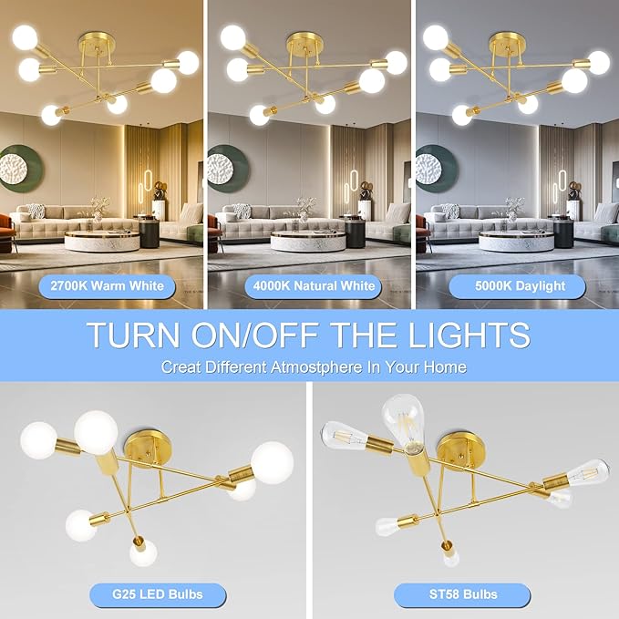 CANMEIJIA Modern Sputnik Chandelier, Ceiling Light Fixture Flush Mount 6-Lights Gold Chandeliers for Living Room Bedroom Dining Room Kitchen, Mid Century Chandeliers, E26 Base, Bulbs Not Included