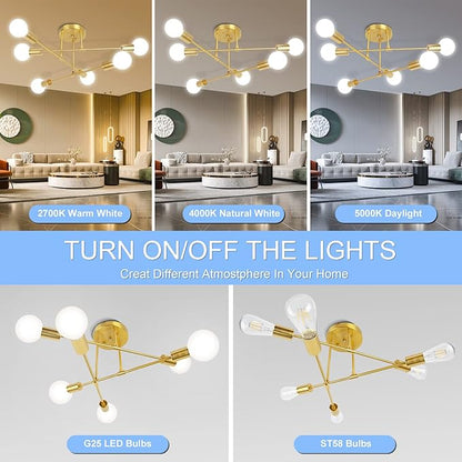 CANMEIJIA Modern Sputnik Chandelier, Ceiling Light Fixture Flush Mount 6-Lights Gold Chandeliers for Living Room Bedroom Dining Room Kitchen, Mid Century Chandeliers, E26 Base, Bulbs Not Included