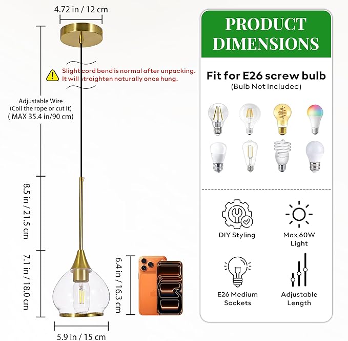 Kitchen Island Linear Pendant Light, 1-Pack 1-Light Gold Pendant Light, Brushed Gold Glass Globe Hanging Light Fixture for Dining Room, Over Table, Bar