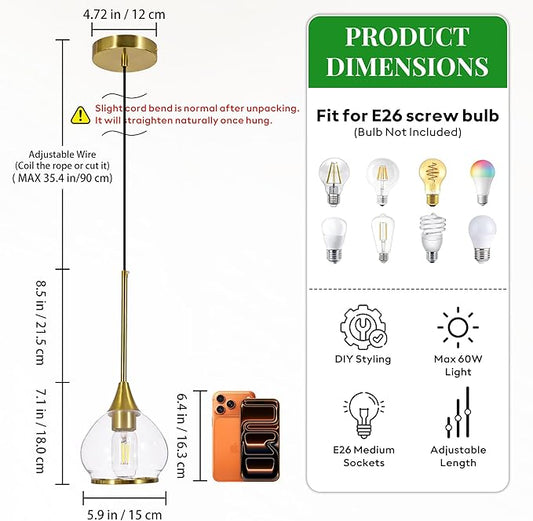 Kitchen Island Linear Pendant Light, 1-Pack 1-Light Gold Pendant Light, Brushed Gold Glass Globe Hanging Light Fixture for Dining Room, Over Table, Bar