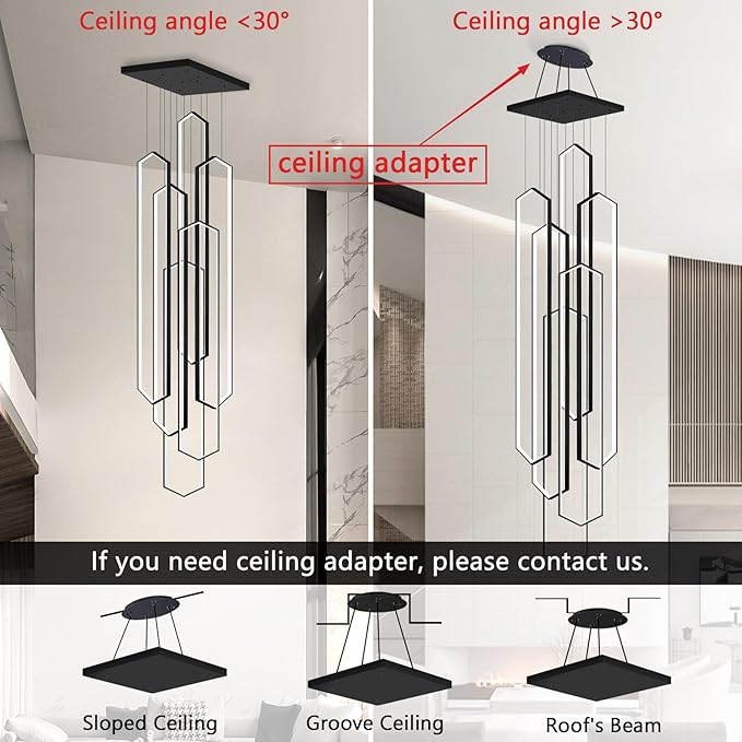 6 Rings Black Modern Long Large Chandelier Dimmable LED High Ceiling Chandelier for Living Room Foyer Staircase Enterway Hanging Light Fixture Modern Ceiling Light