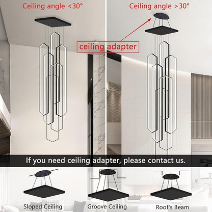 6 Rings Black Modern Long Large Chandelier Dimmable LED High Ceiling Chandelier for Living Room Foyer Staircase Enterway Hanging Light Fixture Modern Ceiling Light