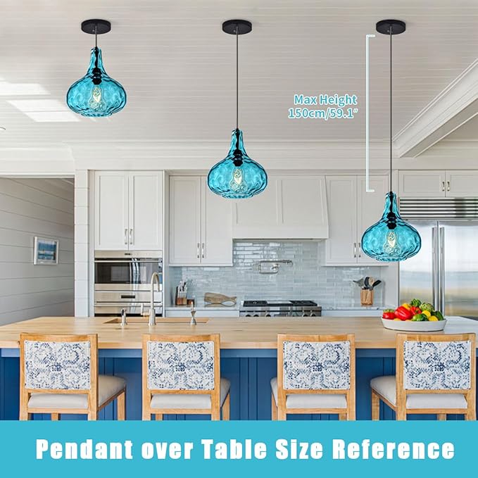 Kitchen Island Blue Pendant Lights, Vintage Globe Pendant Light Fixture Glass Mid-Century Modern Chandelier Pendant Lighting Black Finish 9.45″ Glass Shade Farmhouse (Blue-Hardwired)