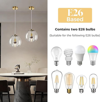 9.1in Large Clear Glass Pendant Light for Kitchen Island – 2-Pack with 2 Extra LED Bulbs & 4.92ft Adjustable Cord | Modern Minimalist Lighting for Dining Room, Living Room, Entryway