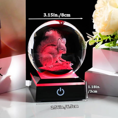 Arikyrist 3D Squirrel Figurine Crystal Ball with Colorful Light Base, Laser Engraved Squirrel Gifts for Women Men on Christmas Birthday, Squirrel Ornament Glass Decorative Ball for Home Decor (80mm)