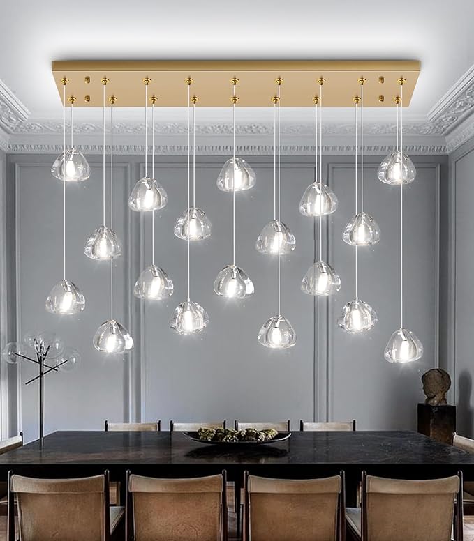 HAIXIANG W35 x D11.8 x H118 Rectangular Chandelier Bubble Crystal Balls Glam Chandeliers Dimmable Light High Ceiling Pendants Light Fixtures Adjustable Long Lights Antique Gold