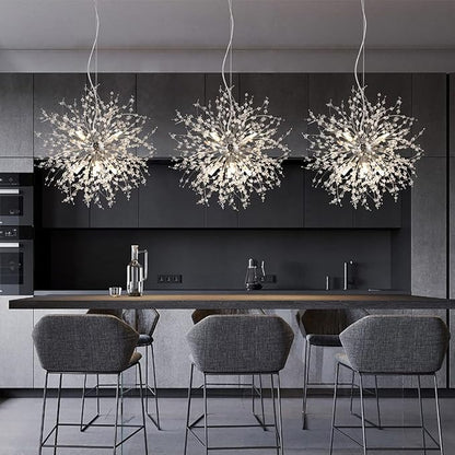 Dandelion Crystal Chandeliers, 8-Light Small Chrome Firework Pendant Lights, 15.7" Stainless Steel Sputnik Chandelier Light Fixture for Kitchen Island Bedroom