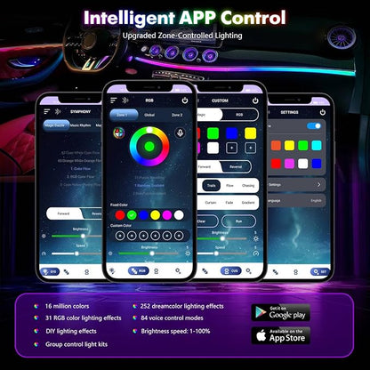 Dreamcolor Acrylic Car Ambient Lighting Kit 14 in 1 LED Interior Car Strip Lights APP Control Zoned Control System 252 Color Modes DIY Neon Wireless Sound Activated RGB Neon Light Kits New Version