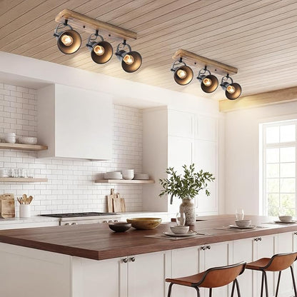 3-Light Track Lighting Kit, Wood Semi Flush Mount Ceiling Light with 3 Rotatable Heads – Modern Farmhouse Kitchen Lighting Fixtures Ceiling for Living Room, Bedroom, Hallway, Bathroom