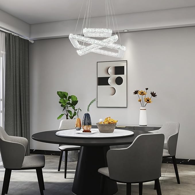 Modern Crystal Chandelier LED Ceiling Light, Square 3-Ring Height Adjustable 47W K9 Crystal Pendant for Dining Room, Living Room, Bedroom, Foyer, Cool White 6000K