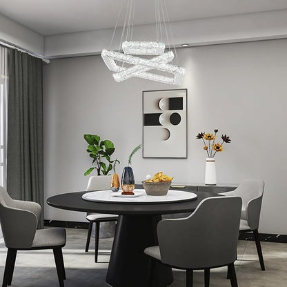 Modern Crystal Chandelier LED Ceiling Light, Square 3-Ring Height Adjustable 47W K9 Crystal Pendant for Dining Room, Living Room, Bedroom, Foyer, Cool White 6000K