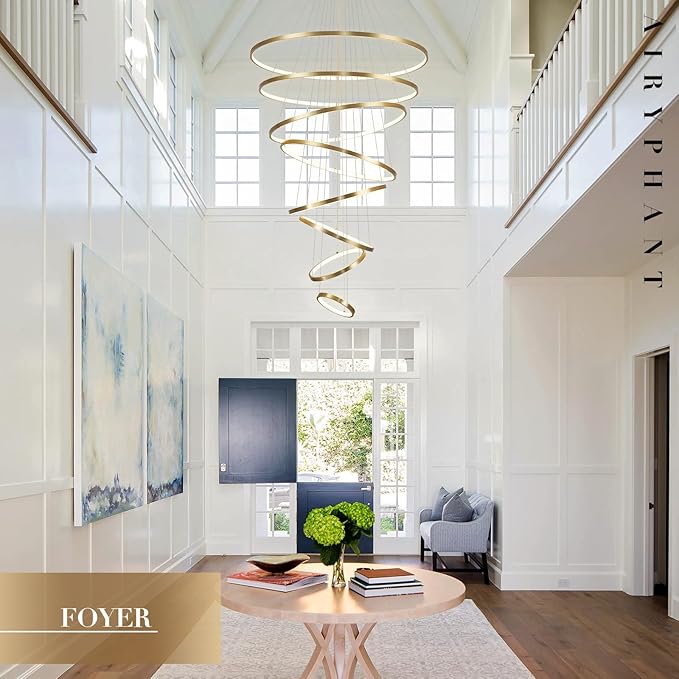 Modern LED Chandeliers 35" Brushed Gold 8-ring Big LED Chandelier for High Ceiling with Remote Control Hanging Height Adjustable Max 98" Long Chandelier for Foyer Living Room Entry Staircase