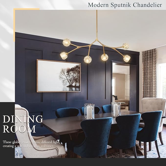 K9 Crystal Pendant Light Fixture Sputnik Chandeliers for Dining Room 6 Light Modern Gold Chandelier L43’' Mid Century Flush Mount Chandelier for Over Table Living Room Kitchen Island