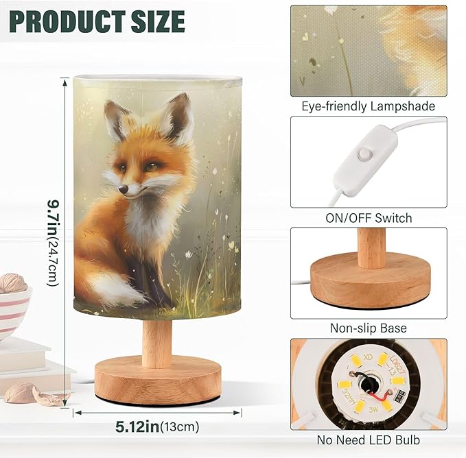 Table Lamp Cute Fox Floral Woodland Nightstand Lamp with Wood Base Fabric Lamp Shade Bedside Desk Lamp for Living Room Bedroom Kids Room Office