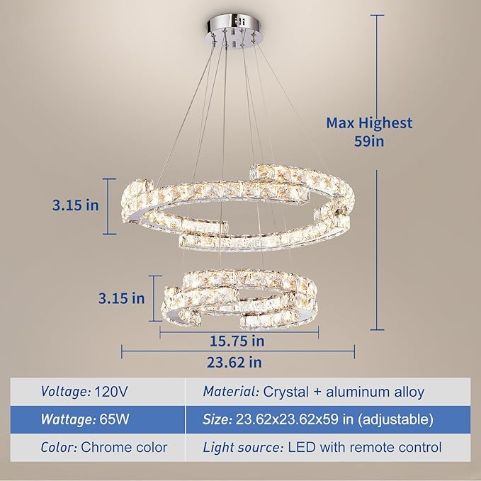 Depuley Modern LED Crystal Chandeliers: 23.6" Curved Ring Chandelier Hanging Crystal Ceiling Light Fixture - 65W Adjustable Height Pendant Light for Living Room Dining Room Bedroom Foyer