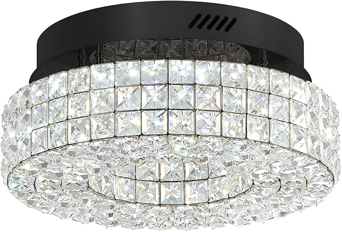 ykolupty 16" Crystal Chandeliers,Round Chandelier for Living Room Modern Crystal Ceiling Light Fixture for Foyer Bedrooms Dining Room Hallway Black