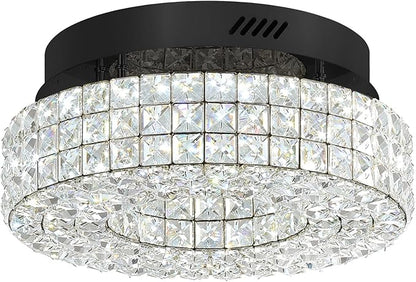ykolupty 16" Crystal Chandeliers,Round Chandelier for Living Room Modern Crystal Ceiling Light Fixture for Foyer Bedrooms Dining Room Hallway Black
