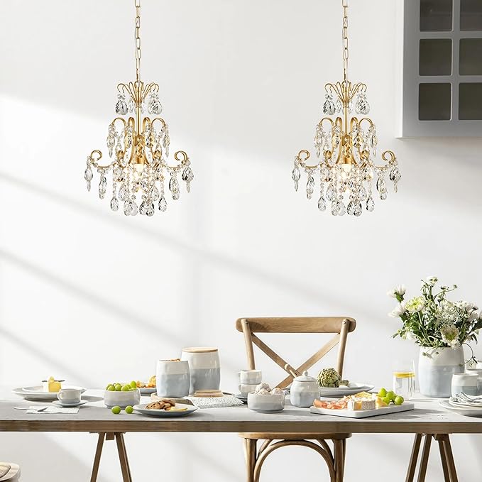 WUZUPS Crystal Chandelier 1-Light Pendant Ceiling Light Modern Lighting Fixture for Bedroom Hallway Bar Kitchen Bathroom, H 15.7" x W 13.8", E12 Base, Gold